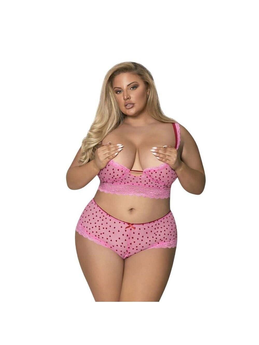NEW! Plus Size 1X-3X Lingerie Pink Demi Bra Split Crotch Short Magic Silk